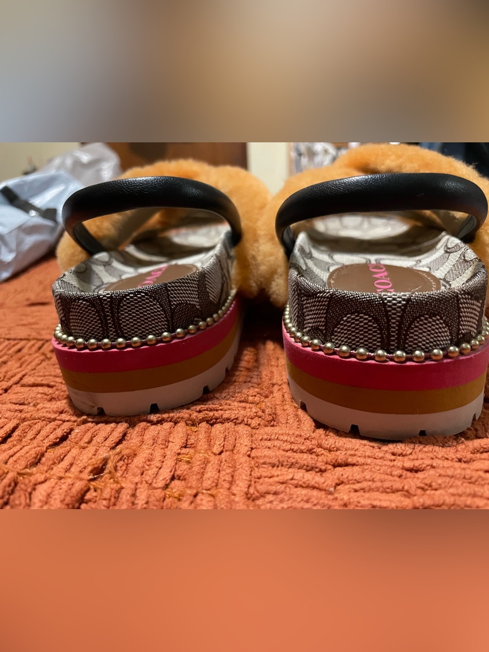 Coach Tally Orange Shearling Cross-Band Slingbacks with Signature Canvas - Picture 8 of 13